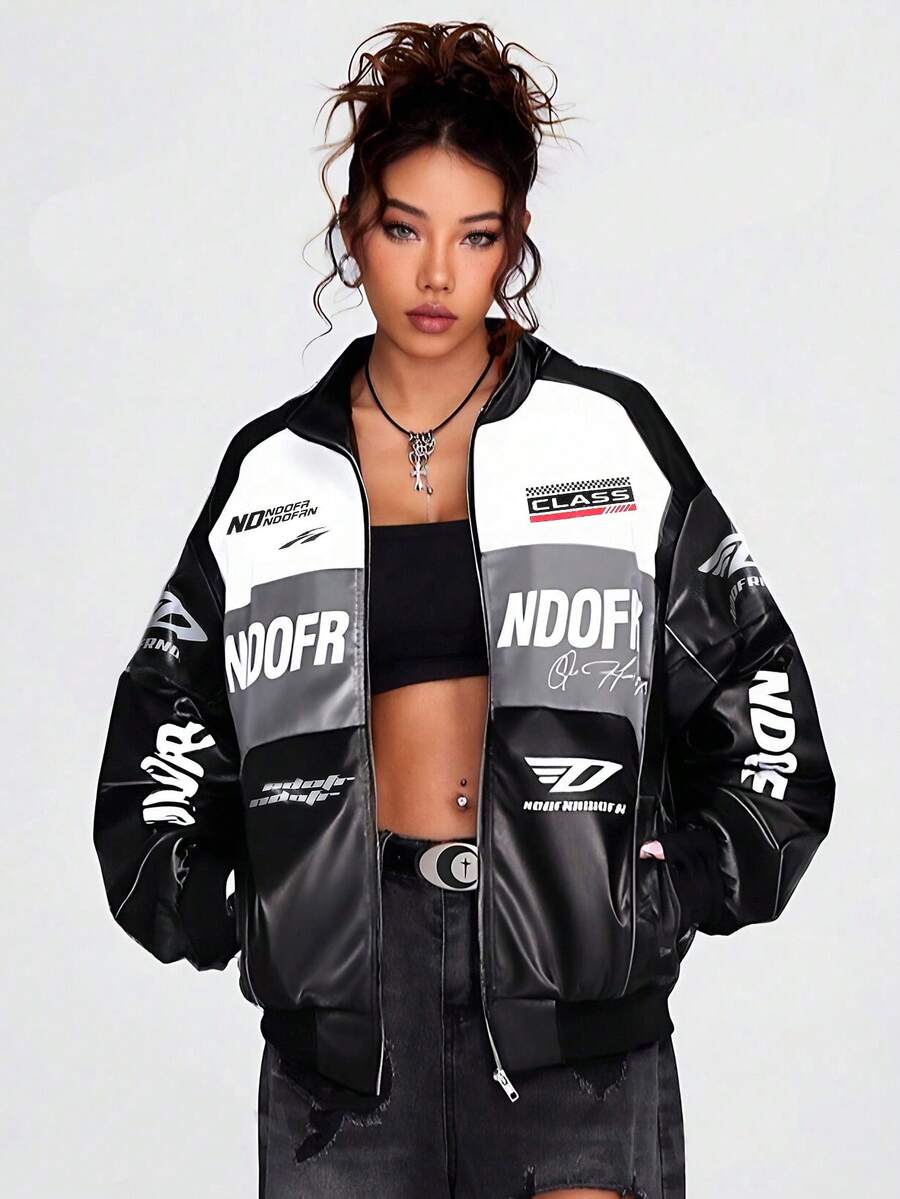 女士时尚休闲宽松修身夹克皮夹克黑色春季款 - 黑色 - 查看 1