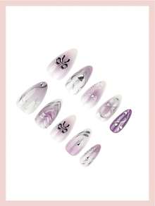 24片中号杏仁形美甲贴片，紫色渐变，腮红紫色短尖甲尖，银色心形线条设计，水钻装饰，高光泽全覆盖，适合女性和女孩，居家DIY，情人节美甲用品 - 淡紫色 - 查看 3