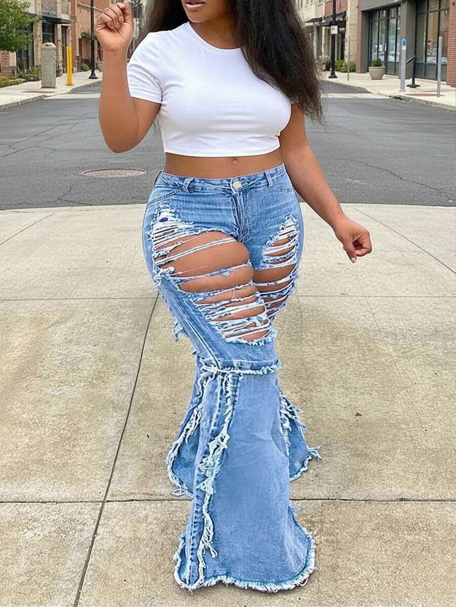 Damen Große Größen Street Style Destroyed Schlagjeans, modische Damen Große Größen für Herbst/Winter - Blau - Übersicht 1