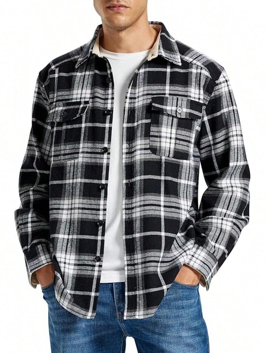 Men's Long Sleeve Plaid Flannel Shirts Cotton Plaid Button Down Shirts For Men Soft Regular Fit Mens Casual Shirts - Đen Trắng - Xem 1