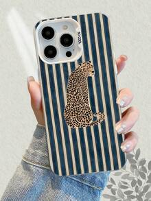 Leopard Pattern With Blue & Beige Stripes Phone Case For IPhone 17, 16, 15, 14, 13, 12, 11, 7, X Series, Latest IMD Technology, Colorful Laser Back Panel, Multiple Colors, Comfortable Gr - Purple - View 4