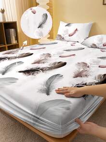 1 st. modernt enkelt tvättat dra-på-lakan med fjädermönster, sängöverdrag med tryck, madrassöverdrag, madrasskydd, dammskydd, sängkläder (exklusive örngott) - Multifärgad - Visa 1