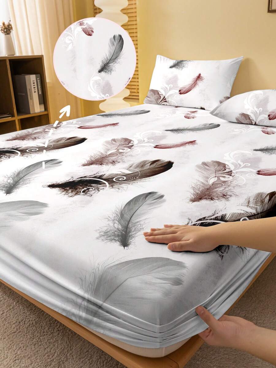 1 st. modernt enkelt tvättat dra-på-lakan med fjädermönster, sängöverdrag med tryck, madrassöverdrag, madrasskydd, dammskydd, sängkläder (exklusive örngott) - Multifärgad - Visa 1