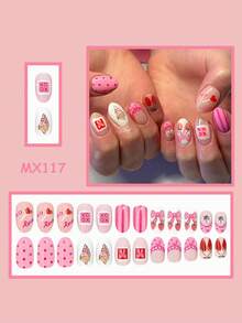 情人节美甲套装：包含24张椭圆形美甲贴纸，图案包括可爱的春夏粉色花束、信封、草莓波点、条纹、字母和浪漫的心形图案。适合女士约会、日常使用及其他场合。美甲装饰！美甲护理产品、亚克力美甲贴纸、情人节美甲。美甲用品 - 彩色 - 查看 2