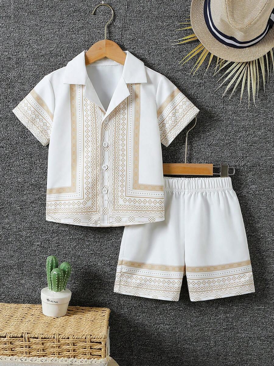 XUMPLO 2pcs/Set Young BoyCasual Striped Digital Print Cardigan Shirt & Shorts Set, Everyday & Holiday Wear - White - View 1
