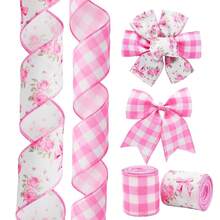2 Rolls Pink Rose Wired Edge Ribbon - 2.5 Inch, 5 Yards Each Spring Summer Floral Grosgrain Ribbon Set, Vintage Rose Design For Wedding Decor, Gift Wrapping & DIY Crafts, Mother'S Day Gift,Rose - ROSE - 查看 1