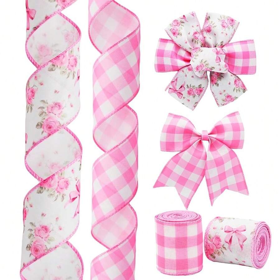 2 Rolls Pink Rose Wired Edge Ribbon - 2.5 Inch, 5 Yards Each Spring Summer Floral Grosgrain Ribbon Set, Vintage Rose Design For Wedding Decor, Gift Wrapping & DIY Crafts, Mother'S Day Gift,Rose - ROSE - 查看 1