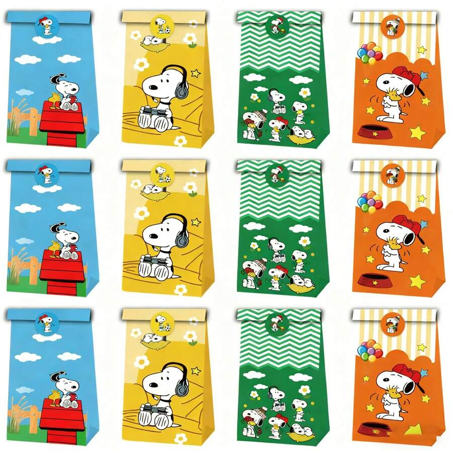 SNOOPY 12件套主题节日生日装饰品，礼品袋，糖果袋，牛皮纸袋，派对袋，款式随机，圣诞礼物，圣诞装饰品 - 彩色 - 查看 1