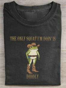 Clothing, Vintage Pattern T-Shirt - Humorous Cowboy Frog And "Squat" Slogan Print, Loose Street Style, All-Season Casual Short Sleeve, Machine Washable, Perfect Gift For Holidays And Birthdays, Fun Printed Shirt, Soft Fabric Top - 黑色 - 查看 6