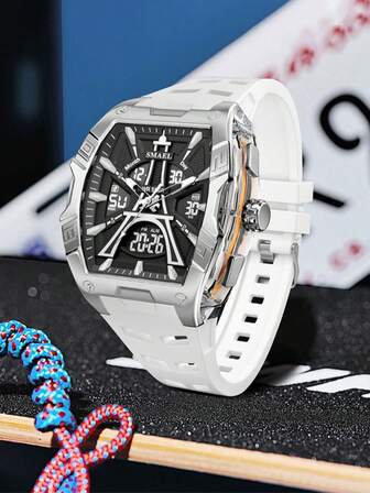  SMAEL Mode Herrklocka med Ihålig Urtavla, Alarm/Kronograf/Datum/Sekunder/Lysande Multifunktion, Digital Pekare, Dubbel Display, Silikonarmband, Quartz Elektronisk Klocka