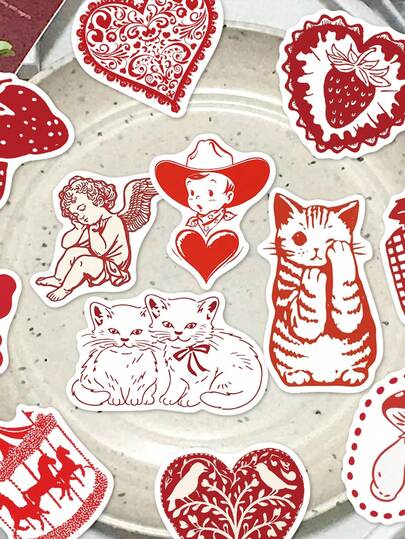 50pcs Red Heart Shaped Stickers For Valentine's Day Decoration, Scrapbooking, Greeting Cards, Stationery, Phone Cases, Refrigerators, Guitars, Skateboards, Tablets, Windows, Parties, Holidays, Gifts