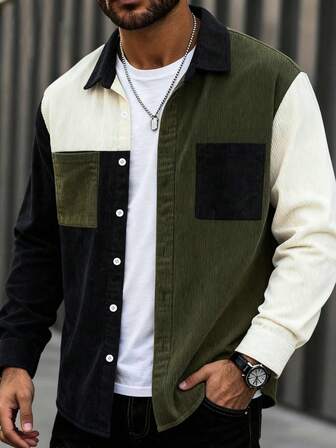 Camisa casual de hombre de pana con bloques de color y parches, tela transpirable de abotonadura completa, elegante y sencilla para uso diario, ir al trabajo, moda callejera, nueva llegada de verano