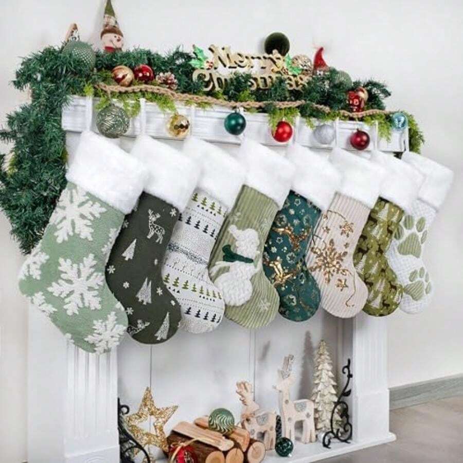 LUBOT - Paquete de medias de Navidad de 20 pulgadas, color rojo y verde, a cuadros, mezcla y combina clásica, rústica, de algodón, para colgar en la chimenea, para decoración de la temporada de día(Verde 8) - Multicolor - Ver 1