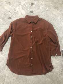 Plus Size Women's Solid Color Single-Breasted Casual Pocket Long Sleeve Shirt - Brown - View 2