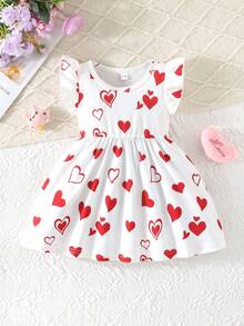 3pcs/Set Cute Casual Cartoon Cat & Heart Pattern Ruffle Sleeve Dress Set For Baby Girls, Suitable For Daily Wear And Outdoor In Summer - Red - View 4