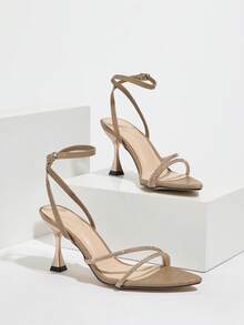 Women's High Heel Shoes, Suitable For Spring/Summer Night Parties, Outdoor, Fashion High-End Parties, Wineglass Heel, Pointed Toe, Rose Gold Rhinestone Decor, High-Quality Mysterious Stone Texture Material, Sexy Adjustable Ankle Strap, Elegant And Luxurious Brown Color, Matching Dresses, Formal Wear, Ballroom Party Heels - Brown - View 5