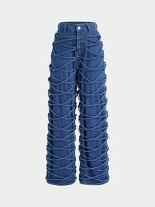 Magic Mia Women's Y2k High Waisted  Jeans -  Medium Wash Blue Strappy Criss Cross Design With Distressed Details | Stretch Straight Leg Denim Pants For 2025 Streetwear & Casual Style - 藍色 - 查看 2