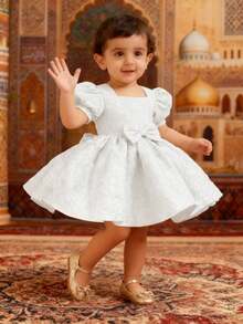 Baby Girl Elegant White Princess Dress With Flower & Bow Decor, Flower Girl Formal Dress For Wedding, Party, Birthday, Christening, Mother's Day, Summer - White - View 4