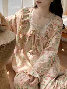 两件套女士睡衣套装，碎花印花上衣，可爱公主风，搭配舒适的七分裤，适合居家休闲或外穿，四季皆宜 - 彩色 - 查看 2