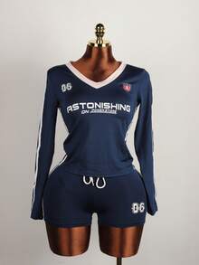 FQLWL 夏季运动女装两件套俱乐部服装字母印花 V 领短款上衣 + 配套抽绳短裤休闲运动服