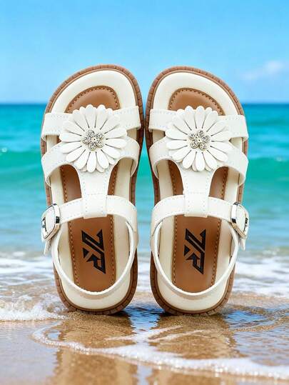 2025 Summer New Arrival 1 Pair For 3-12 Years Old Girls, Cream White 3D Daisy Rhinestone, PU Leather Anti-Slip Breathable, Hook And Loop Low Top Flat Sole, Fresh Sweet Sandals, For Summer Daily School Outdoor Trips Best Seller Of The Season