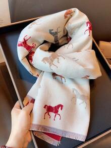 厚款双面英伦风马匹图案长围巾/披肩，女士秋冬款 - 米色 - 查看 3