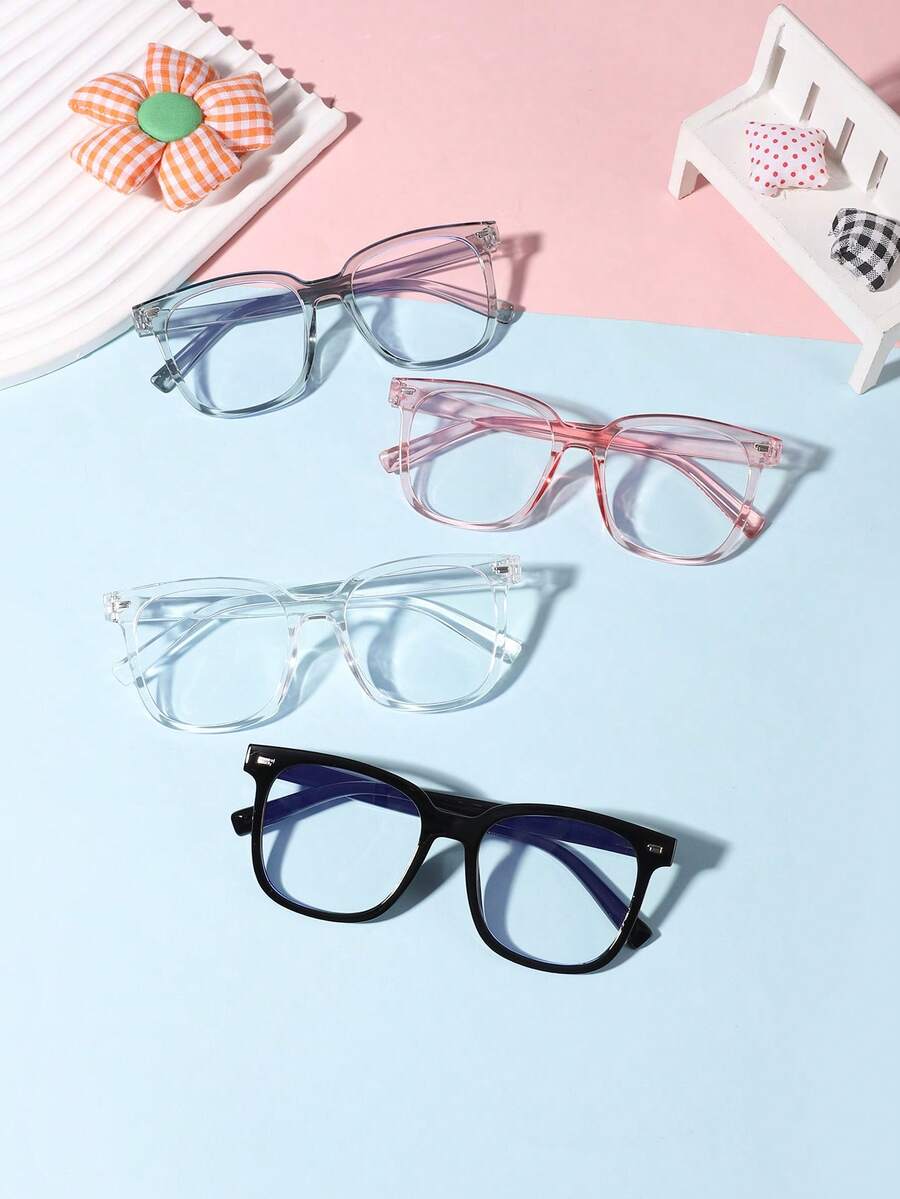 4PCS Boys And Girls 6-12Y Candy Color College Style Casual Square Fashion Blue Light Blocking Glasses, Suitable For Daily Reading And School Life Outfit Matching - Nhiều màu - Xem 1