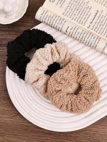 3个纯色简约保暖毛绒高弹发圈，舒适柔软，呵护秀发，发绳，马尾辫发圈 - 彩色 - 查看 1