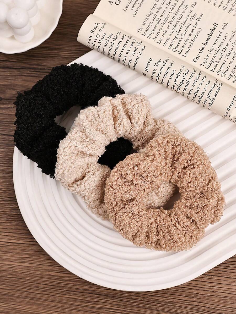 3个纯色简约保暖毛绒高弹发圈，舒适柔软，呵护秀发，发绳，马尾辫发圈 - 彩色 - 查看 1