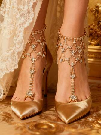 1件水滴形水晶脚趾链，欧美设计婚礼首饰，闪亮波西米亚风沙滩脚链