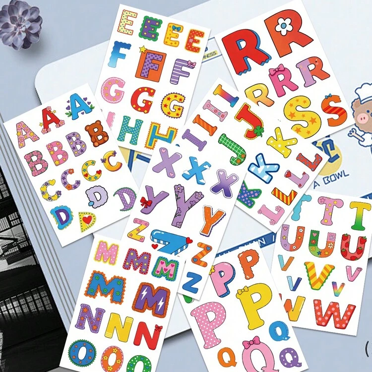 8Sheets English Letter Puzzle Stickers Cartoon Graffiti Decal DIY Notebook Journal Phone Stationery Bicycle Stickers For Students - Multicolor - View 10