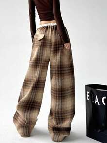 Plaid Woolen Wide Leg Pants For Women, Loose Straight Leg Casual Trousers, Suitable For Autumn And Winter - Yellow - View 2
