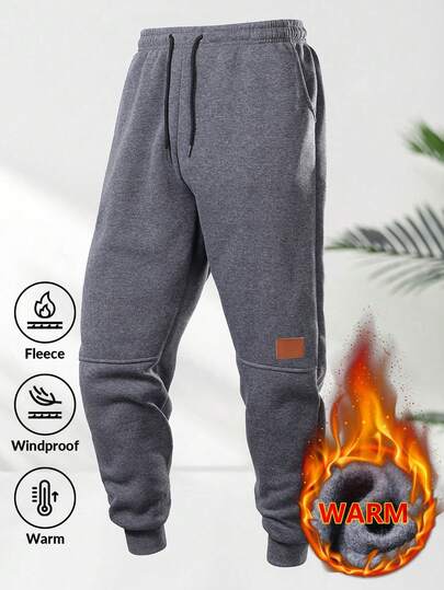 Men's Casual Fleece Ankle Cuffs, Drawstring Waist, Side Pockets, Leather Label Patches, Fleece Sports Pants, Suitable For Cold Winter