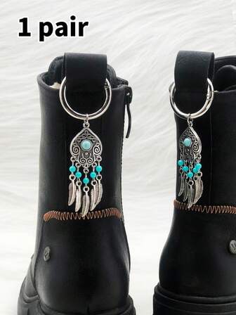 波西米亚风绿松石羽毛流苏鞋饰，复古DIY鞋履配饰、包包装饰和服装配饰，非常适合派对、音乐节和海滩度假。