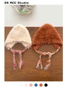 1 căciulă pufoasă tricotată manual pentru femei, groasă și călduroasă, elegantă, versatilă, măgulitoare, design cu clape pentru urechi, toamnă/iarnă