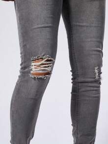 Men's Fashionable Distressed Patch Skinny Jeans, Denim Pants - Grey - View 4