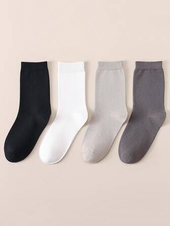4 Pairs Men's Solid Color Cotton Socks, Classic Colors, Casual, Moisture-Wicking, Breathable, Black & White Business Crew Socks