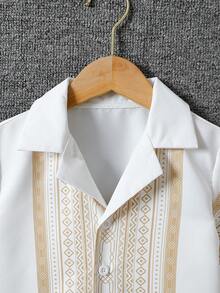 XUMPLO 2pcs/Set Young BoyCasual Striped Digital Print Cardigan Shirt & Shorts Set, Everyday & Holiday Wear - White - View 8