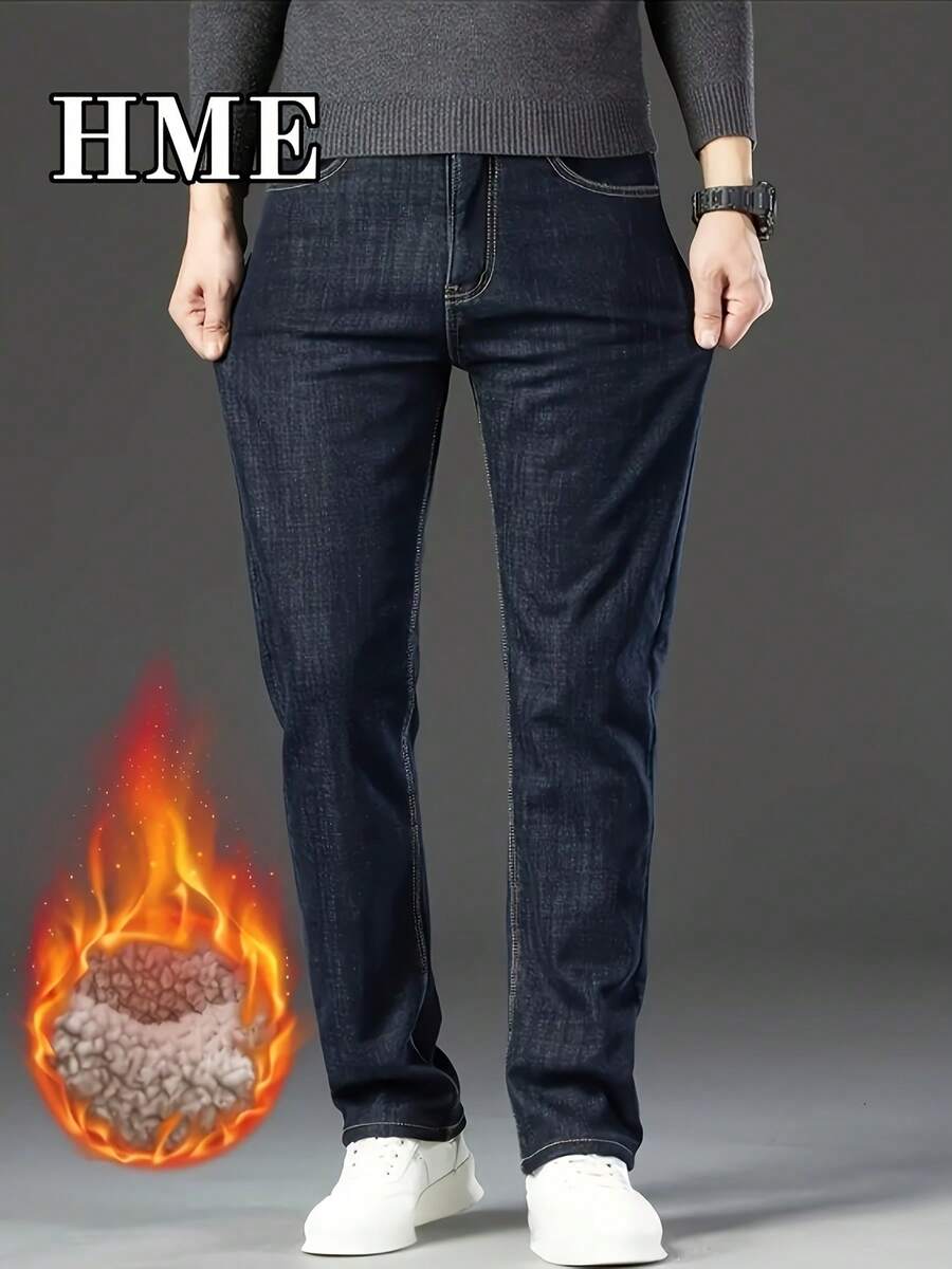 239 Winter Thickened Casual Minimalist Style Men's Jeans, New Men's Thickened Winter Wear, Suitable For Business Or Casual Wear, Mid-Rise Stretch Slim Straight Leg, Stretchy Fabric Machine Washable, Built-In YKK Zipper Closure, Simple Basic Versatile For Any Occasion, Essential Winter Warmth Men's Long Jeans, Men's Black Casual Pants, Men's Slim-Fit Jeans - 黑色 - 查看 1