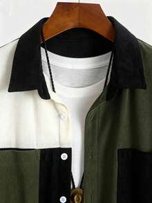 Men's Corduroy Colorblock Patchwork Fabric Breathable Full-Button Casual Shirt, Stylish And Simple For Daily Wear, Commute, Street Fashion, Summer New Arrival - Army Green - View 3