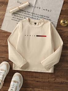 3件装青少年男童学生休闲印花圆领长袖T恤，春秋季 - 杏色 - 查看 3