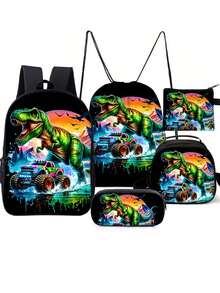 5-Piece Dinosaur Truck Printed Backpack Set (Double-Layer Backpack + Shoulder Strap Round Lunch Bag + Multi-Functional Pencil Case + Drawstring Bag + Coin Pouch) - Black - View 12