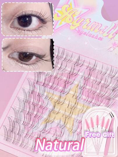 80pcs/10 Rows Natural Fox Fur False Eyelashes, Suitable For Weddings, Parties, Nightclubs, Work Meetings And Daily Wear, Comfortable, Ethereal, Suitable For Beginners, Curled Lash Extension, Single Cluster Slouchy Style, Natural Ethereal Single Cluster, Curled Cartoon Demon Style False Eyelashes