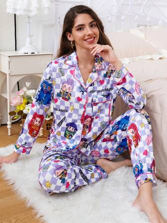 2pcs Women Cute Cartoon Girl Print Plaid Design Lapel Button Front Long Sleeve Top And Elastic Waist Pants Knit Pajama Set, Versatile And Comfortable For All Seasons