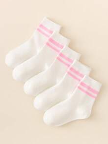 5双装儿童/女孩/男孩白色中筒袜，粉色条纹设计，简约休闲时尚，透气柔软舒适，用途广泛，适合日常生活、返校、校园、运动、户外和休闲场合。 - 彩色 - 查看 5