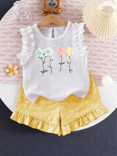 Toddler Girls' Floral Decor Top And Snowflake Textured Shorts Set, Summer