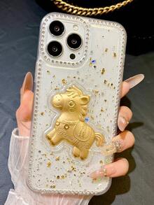 Fashionable New "Get Rich Soon" 3D Rhinestone Epoxy Protective Phone Case Compatible With IPhone 11/12/13/14/15/16/17 Pro/Pro Max, Creative & Anti-Drop - Clear - View 3