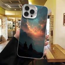 Cubierta de telefono con borde duro para iPhone 14 Pro Max azul oscuro con estampado de puesta de sol en montaña y siluetas de personas para uso diario en cafeterias - Negro - Ver 3