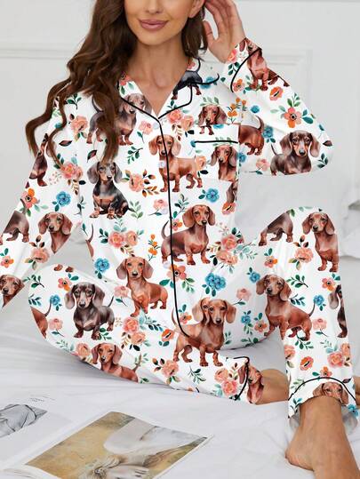 Marira 2pcs Women Pajama Set, Cute Dog Print, Fashionable Outfit For Outerwear, Soft & Comfortable Collared Long Sleeve Shirt And Elastic Waist Pants, Suitable For Holiday Party, Casual Outdoor And Homewear, Winter Clothes