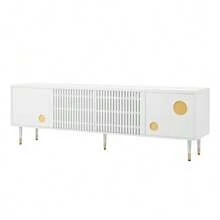 TV Stand With A Lattice Structure, Concealed Handles, And Gold Trim. Living Room Furniture. Two Solid Wood Doors. - White - View 4